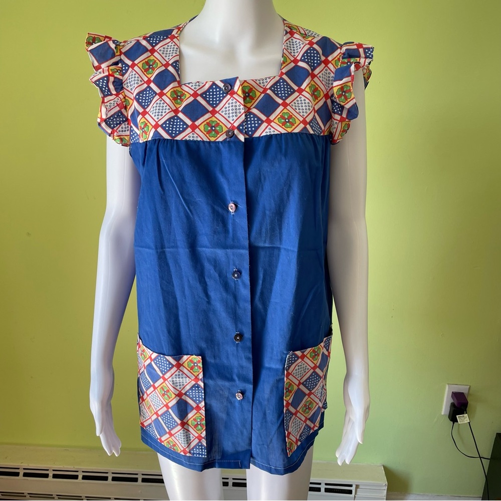 Vintage Blue Patterned Pocket Button Up House Top… - image 1